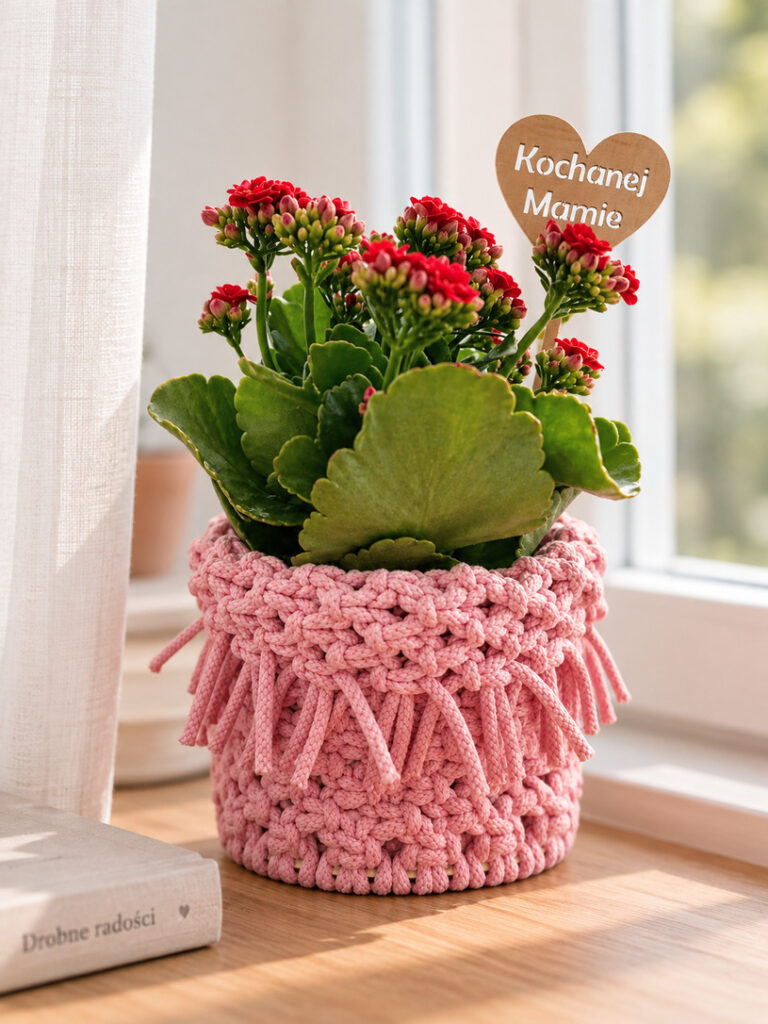 Osłonka na doniczkę z makramy – różowa, 15 cm