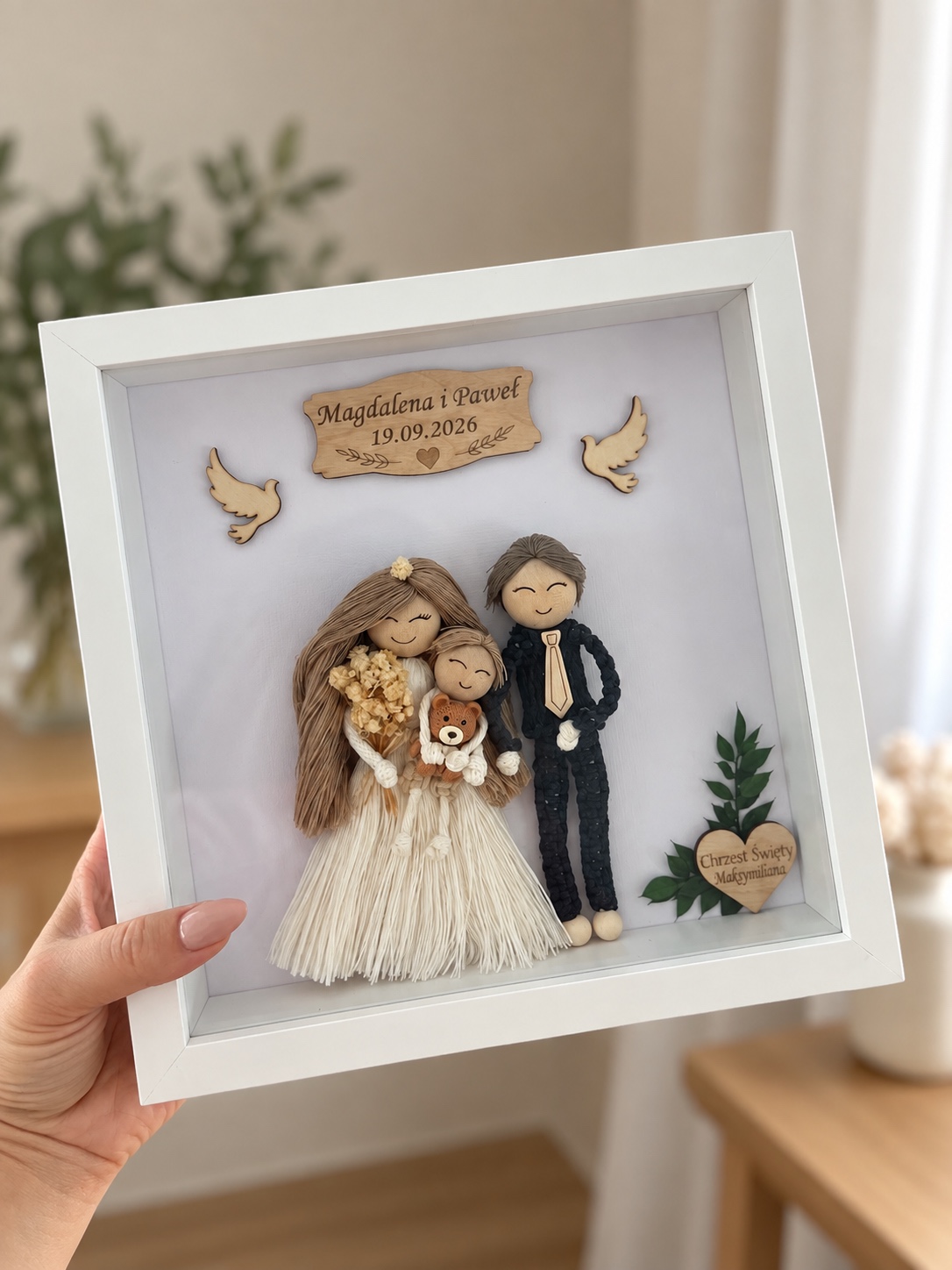 Personalizowana ramka ślubna 3D z rodziną wykonaną ze sznurka